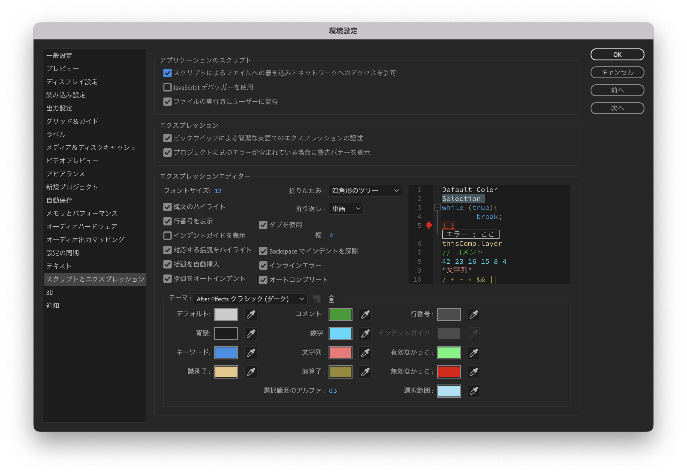 画像：Afterefects環境設定ウィンドウで「スクリプトによるファイルへの書き込みとネットワークアクセスを許可にチェックを入れているイメージ。