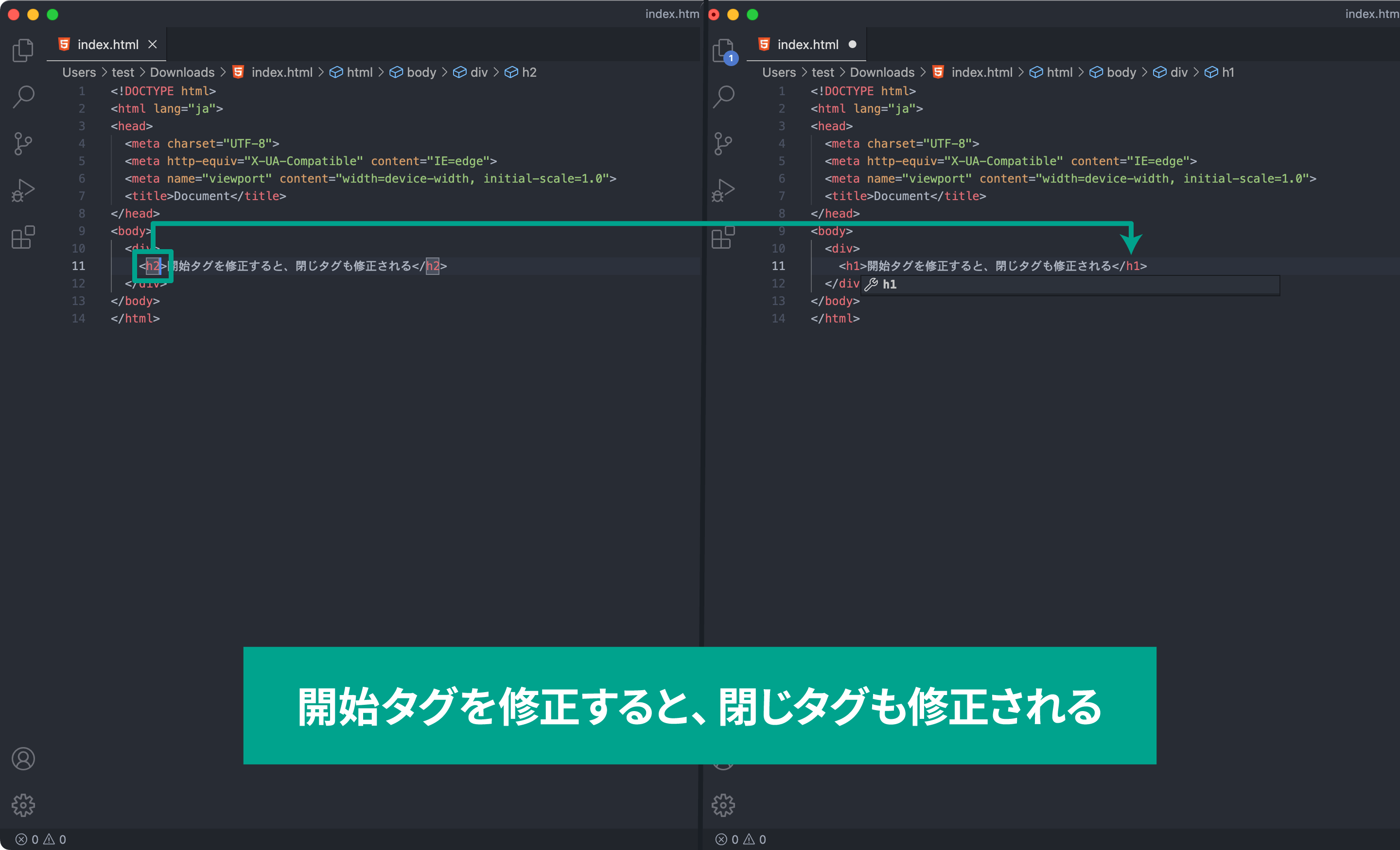 開始タグを修正すると、閉じタグも修正される