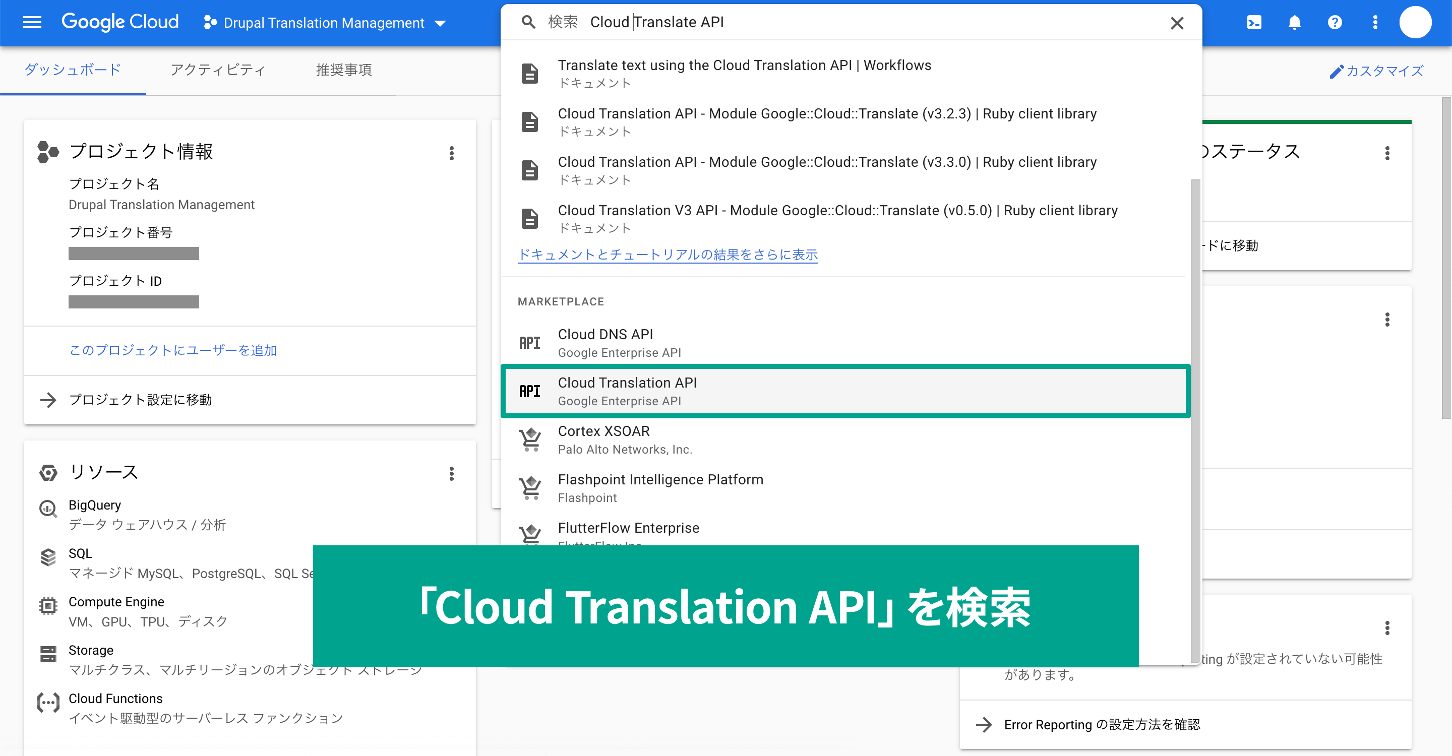 「Cloud Translation API」を検索。