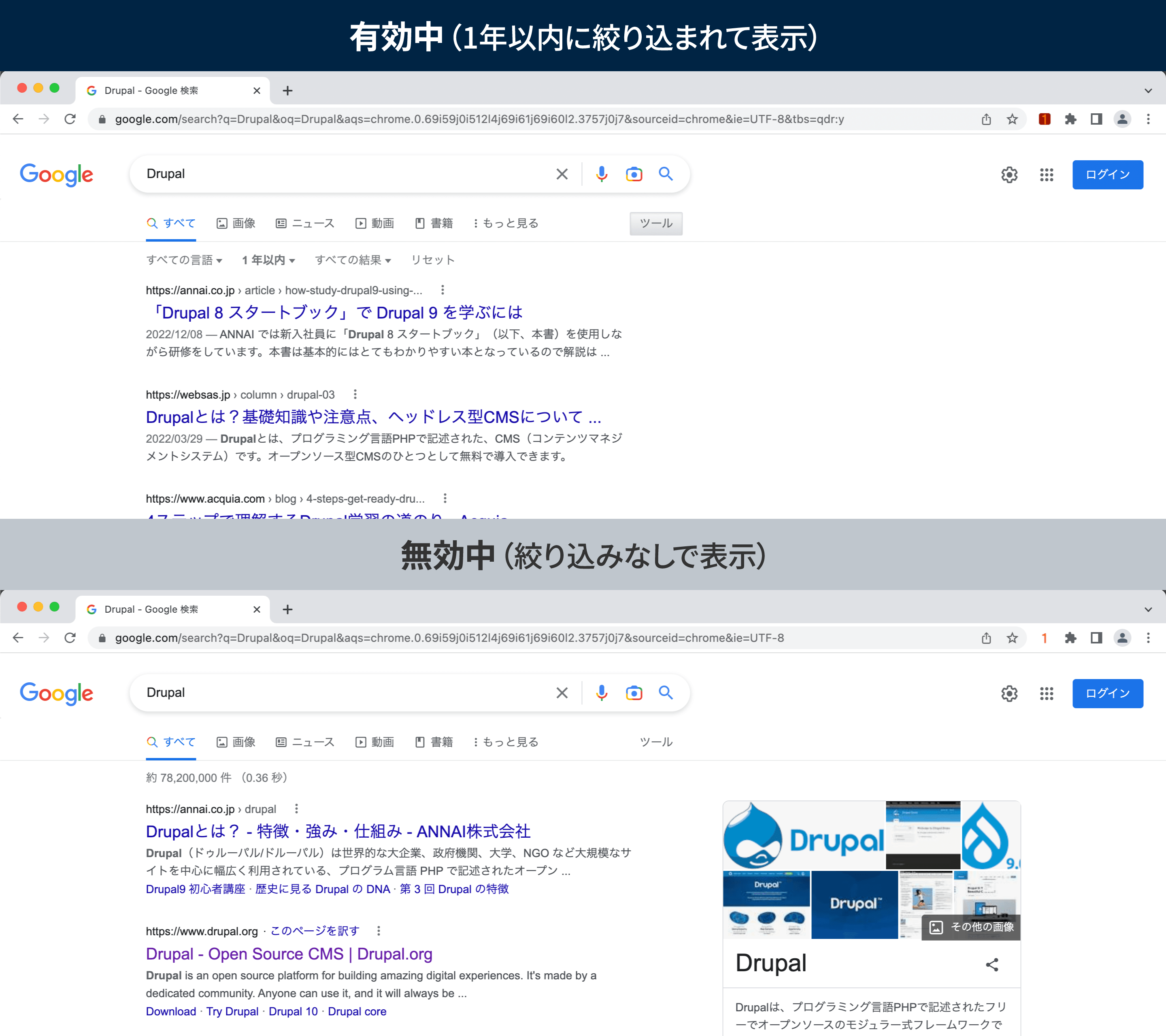 「ato-ichinen」なら、機能の有効・無効はアイコンをクリックするだけで切り替えられますし、検索キーワードが変わっても常に絞り込まれます。