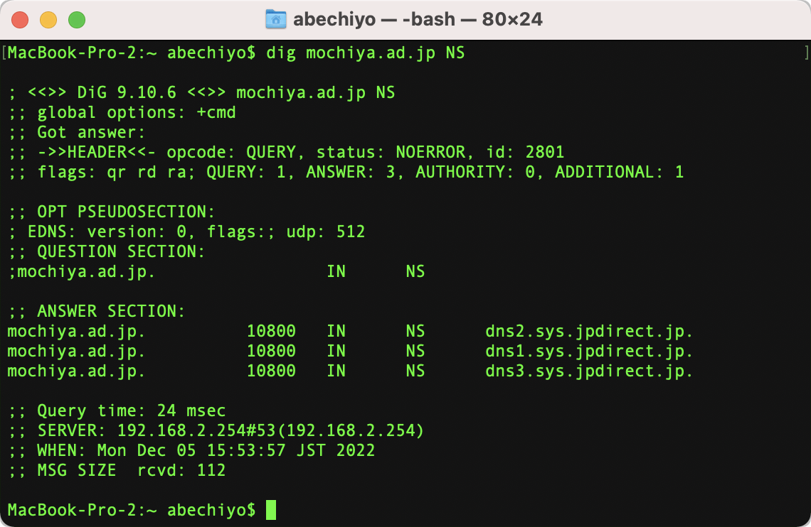 次のコマンドを入力。「dig mochiya.ad.jp NS」。ANSWER SECTIONに「dns1.sys.jpdirect.jp、dns2.sys.jpdirect.jp、dns3.sys.jpdirect.jp」の結果が出力される。