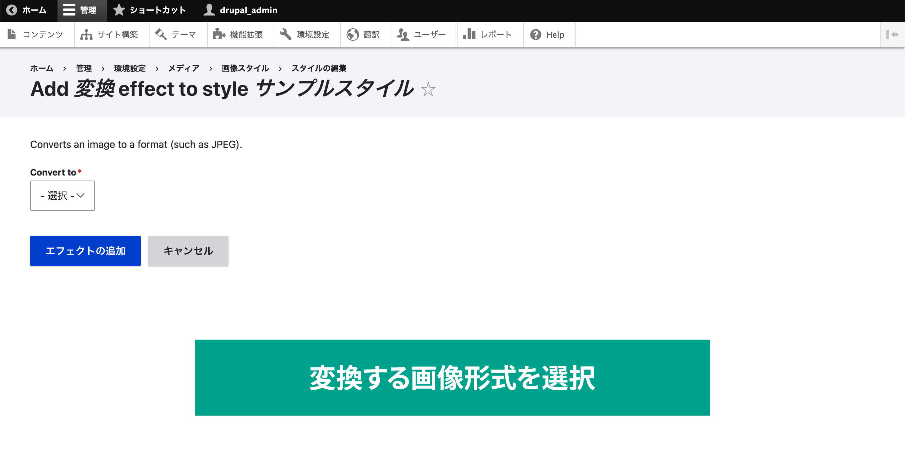 「Convert to」のセレクトボックスをクリックすると次の選択肢が表示されます。  PNG、 JPEG、 JPG、 JPE、 GIF、 WEBP