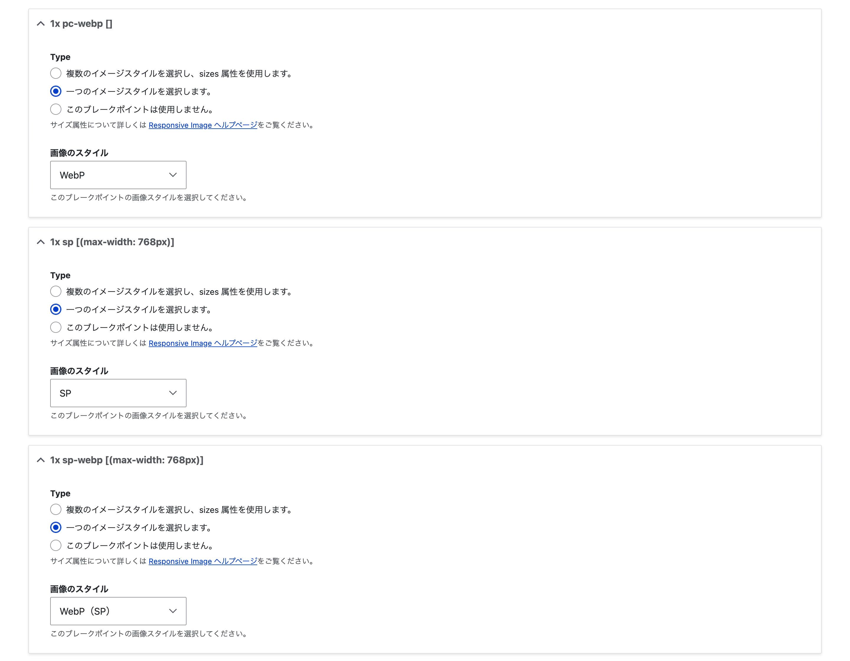 各ブレークポイントの「Type」は「一つのイメージスタイルを選択します。」を選択して、先ほど作成したWebPへ変換する画像スタイルを選択します。