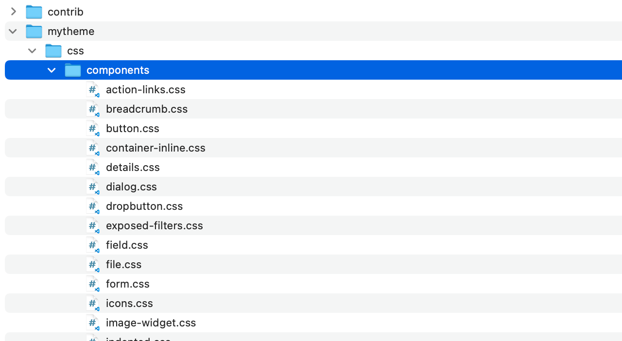 テーマフォルダ内の「css/components」フォルダにさまざまなCSSファイルが入っている。