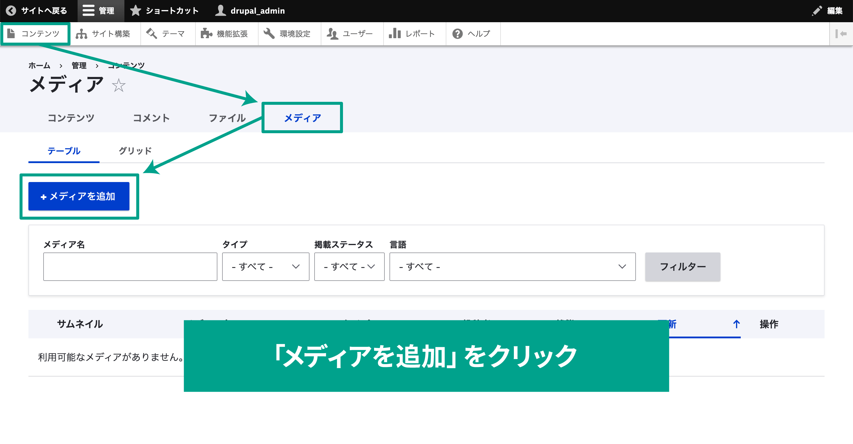 メディアを追加するには、管理メニュー「コンテンツ」タブ内の「画面上部」の「メディア」タブを選択し、その下の「メディアを追加」ボタンを選択する。