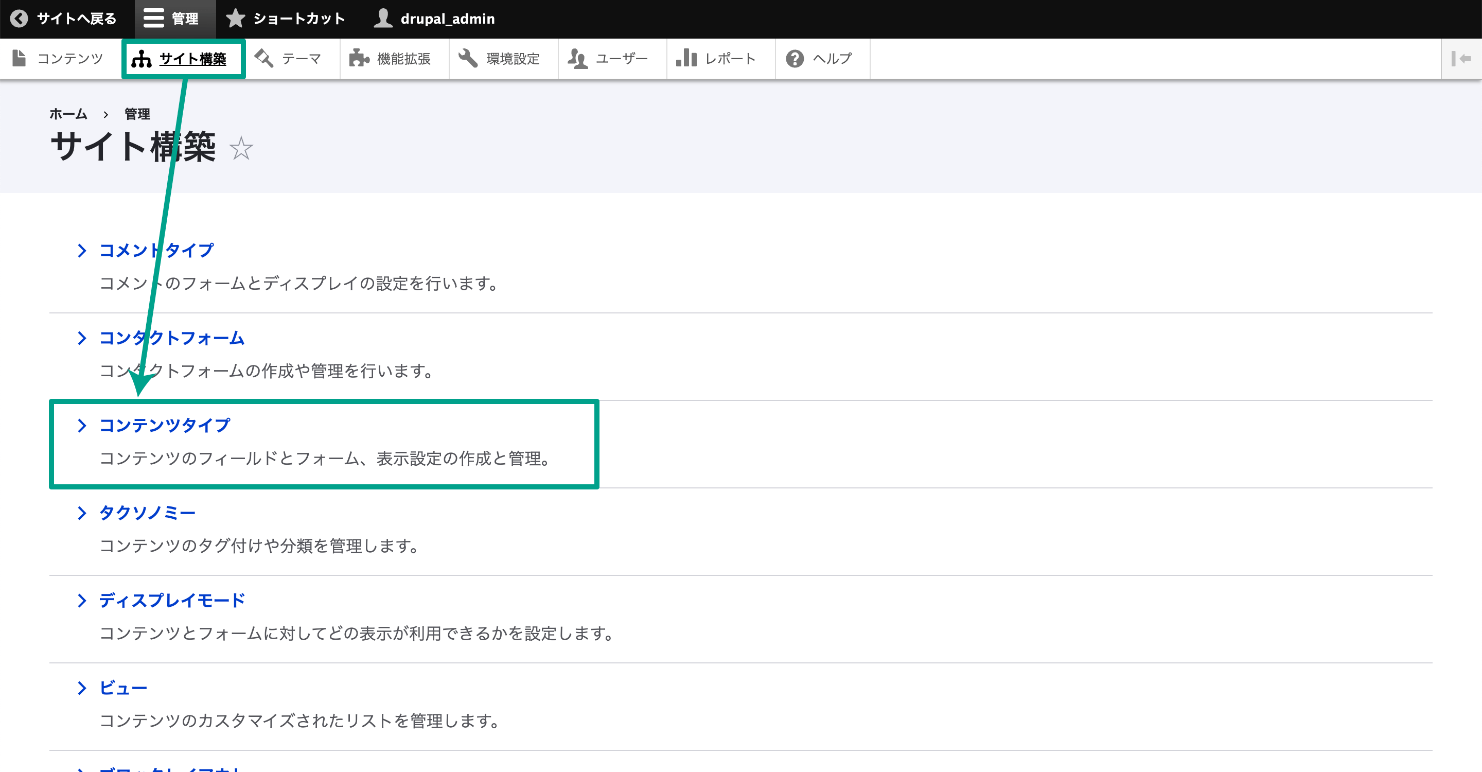 管理メニュー内「サイト構築」タブを選択する。「コンテンツタイプ」を選択する。