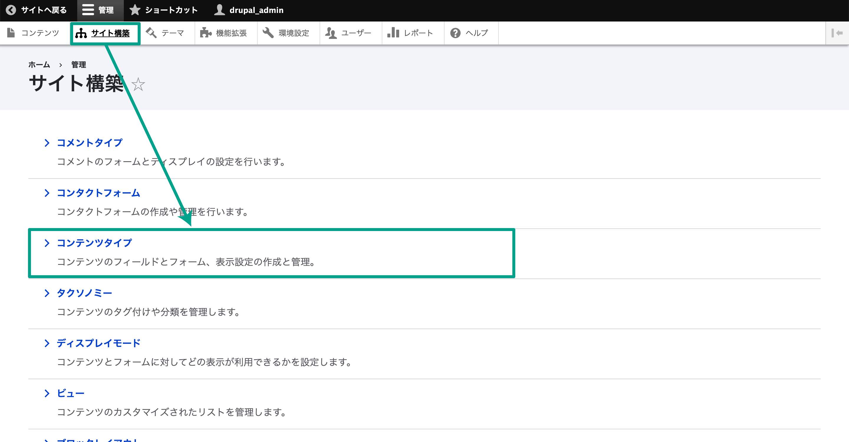 管理画面メニューの［管理］→［サイト構築］で［コンテンツタイプ］を選択します。