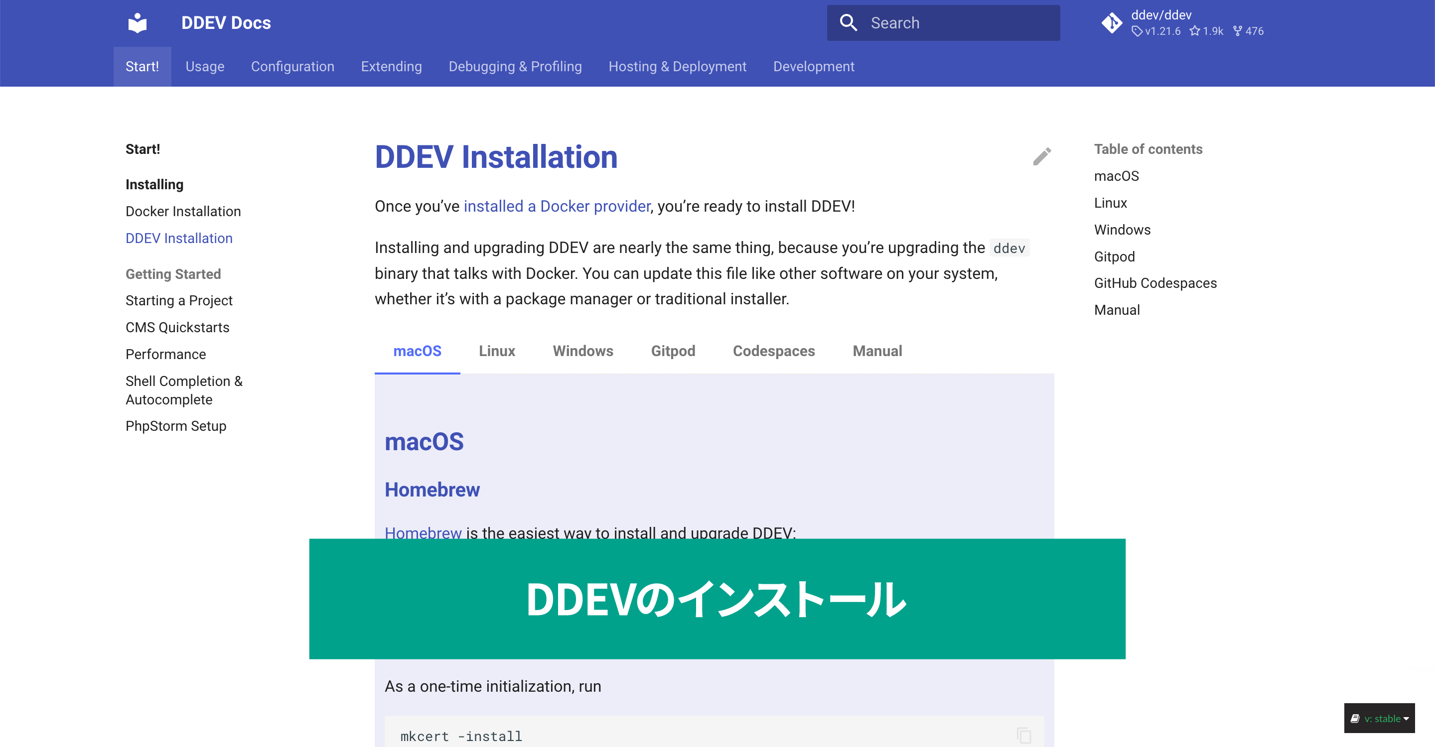 スクリーンショット　DDEVのHP「DDEVのインストール」