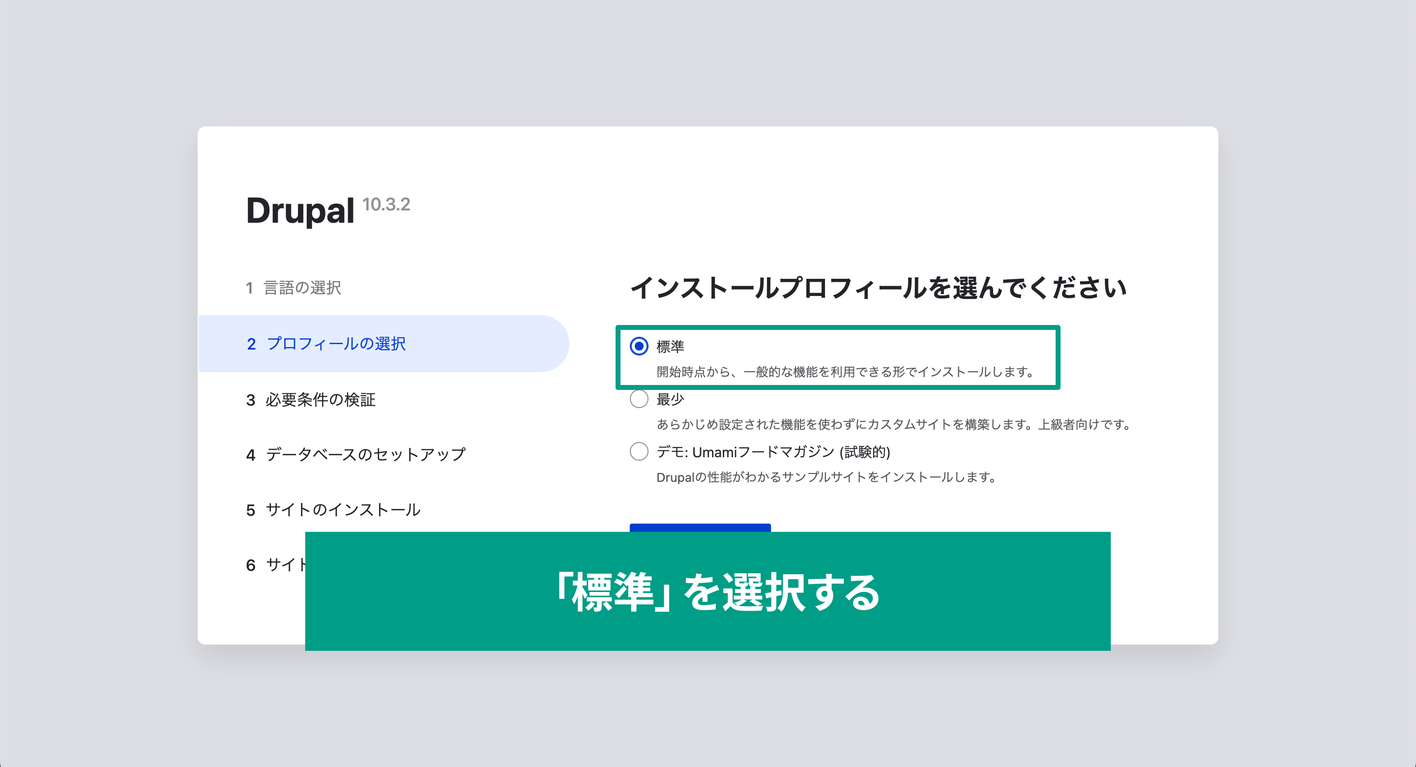 スクリーンショット drupalのプロフィール選択画面で標準を選択している