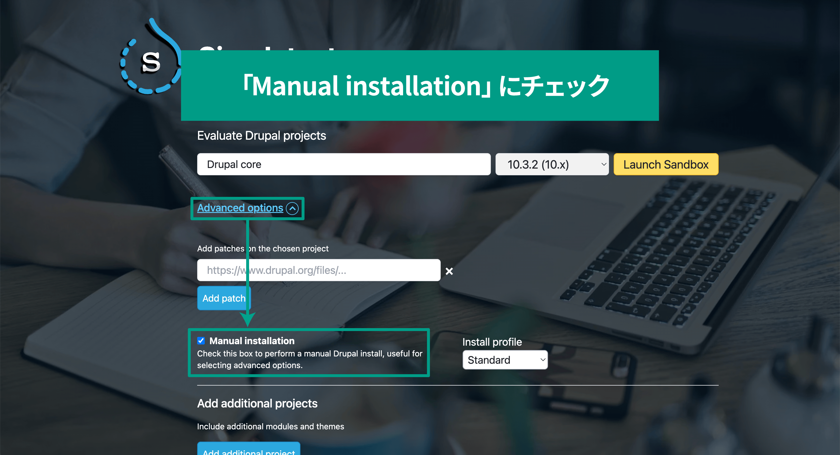スクリーンショット　Manual installationにチェックをつけている