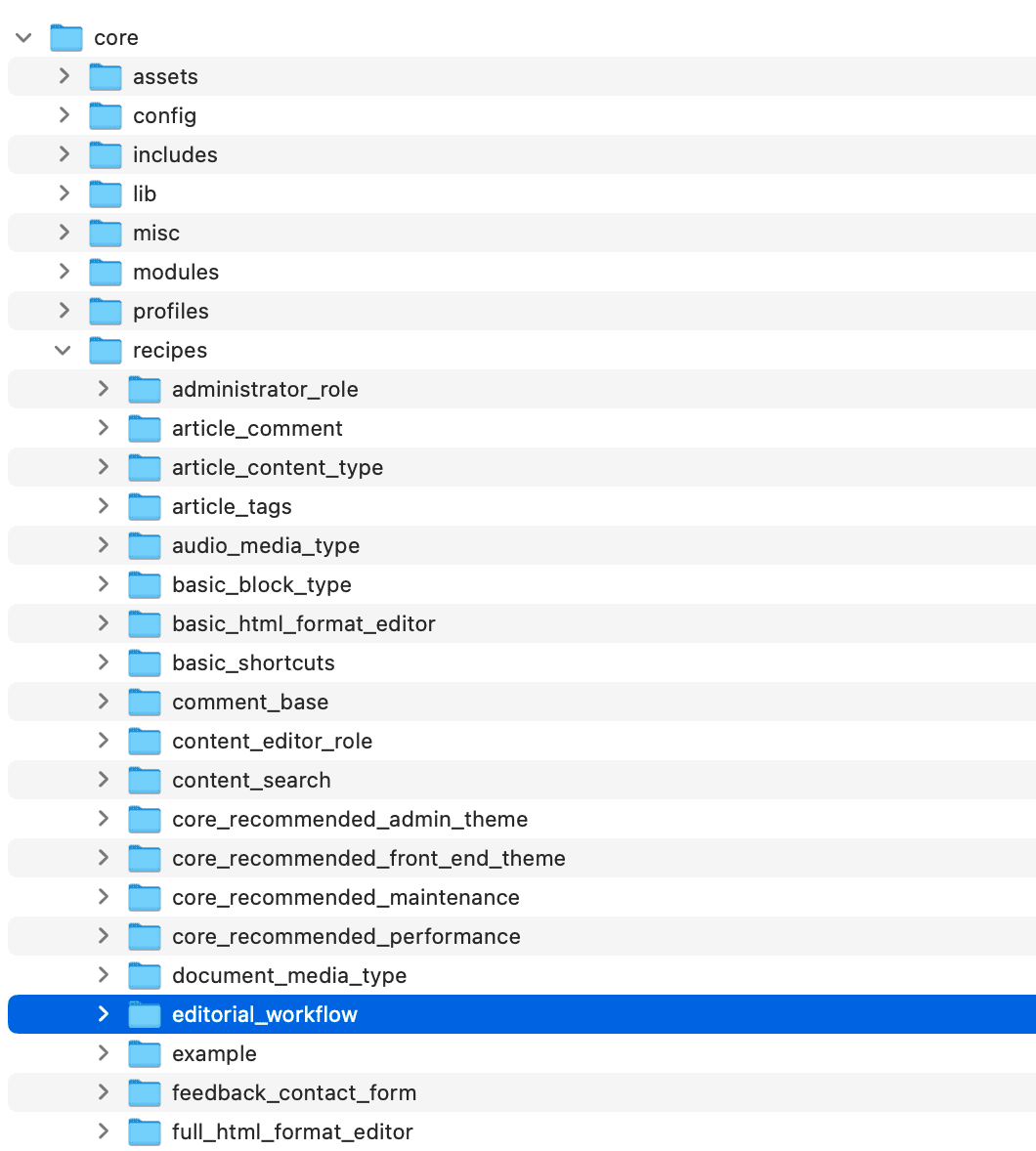 スクリーンショット　ディレクトリ構成のcore/recipes/editorialworkflowディレクトリにフォーカスが当たっている
