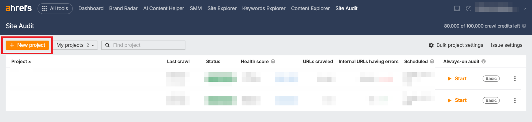 ahrefsサイト監査プロジェクト画面
